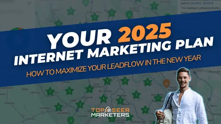 Cover: Your 2025 Internet Marketing Plan, how to maximise your lead flow in the new year, over a map dotted with ranking pins