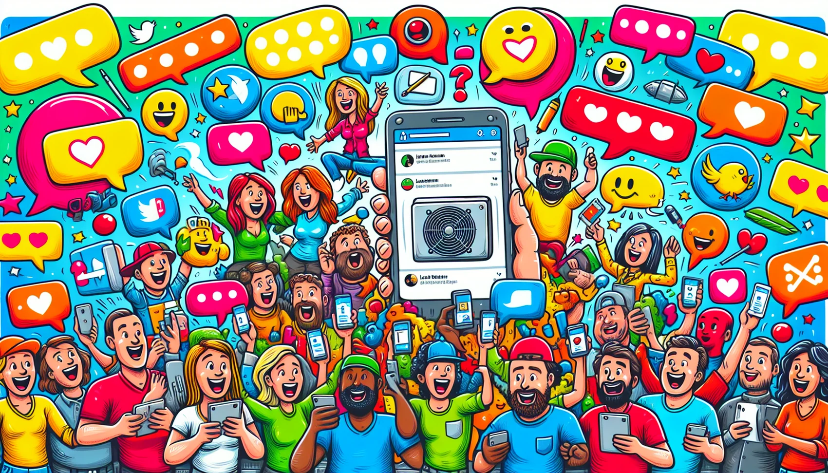 A cartoon of an online community engaging with a HVAC business on social media.