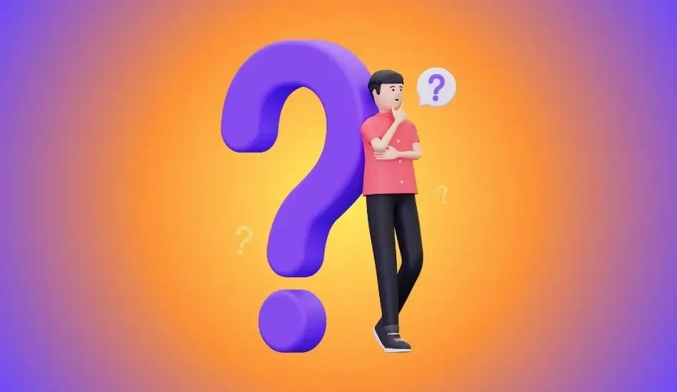 Illustration of a person leaning against a large question mark