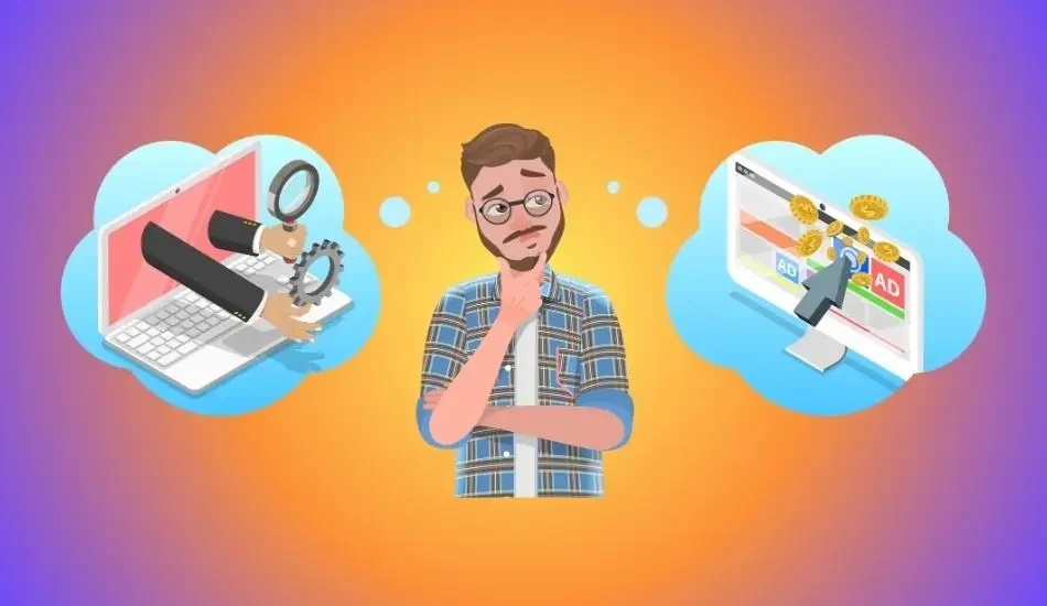 Illustration of a contractor weighing up SEO on one side and paid ads on the other