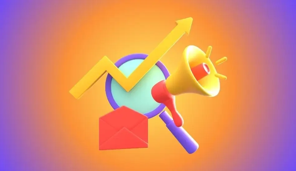 Illustration of a rising arrow with a magnifying glass, megaphone and envelope