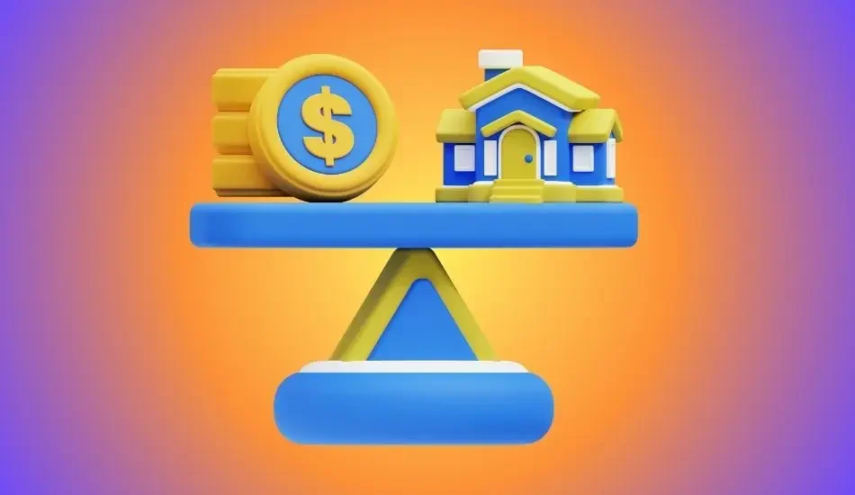 Illustration of a seesaw weighing a stack of coins against a house