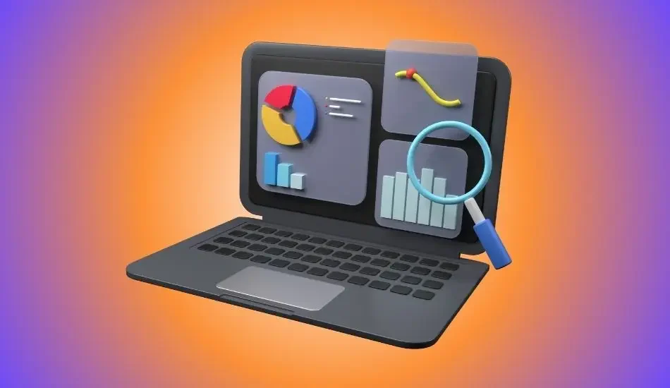 Illustration of a laptop showing charts under a magnifying glass