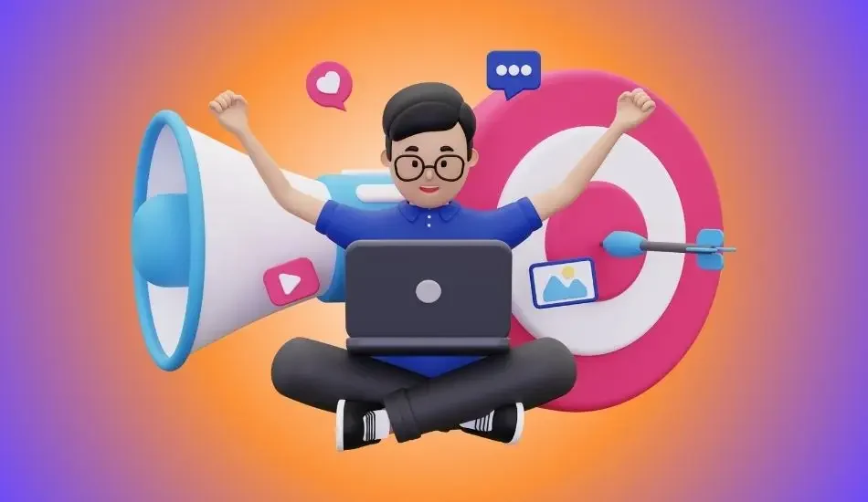 Illustration of a person at a laptop with a megaphone and a dartboard
