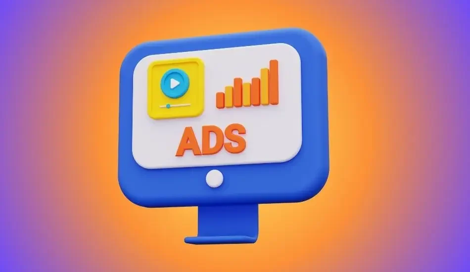 Illustration of a monitor showing the word ADS beside a rising bar chart