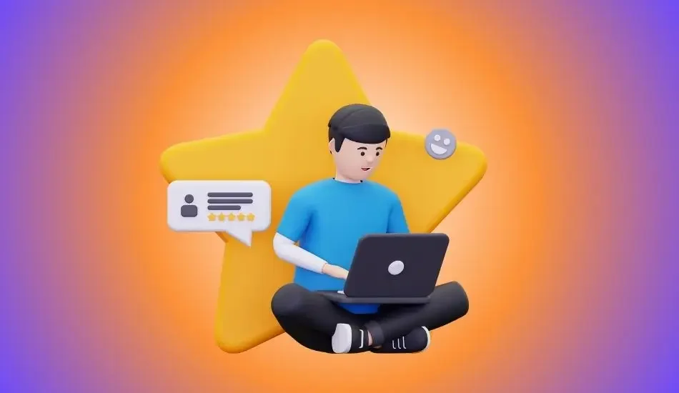 Illustration of a person at a laptop against a large review star