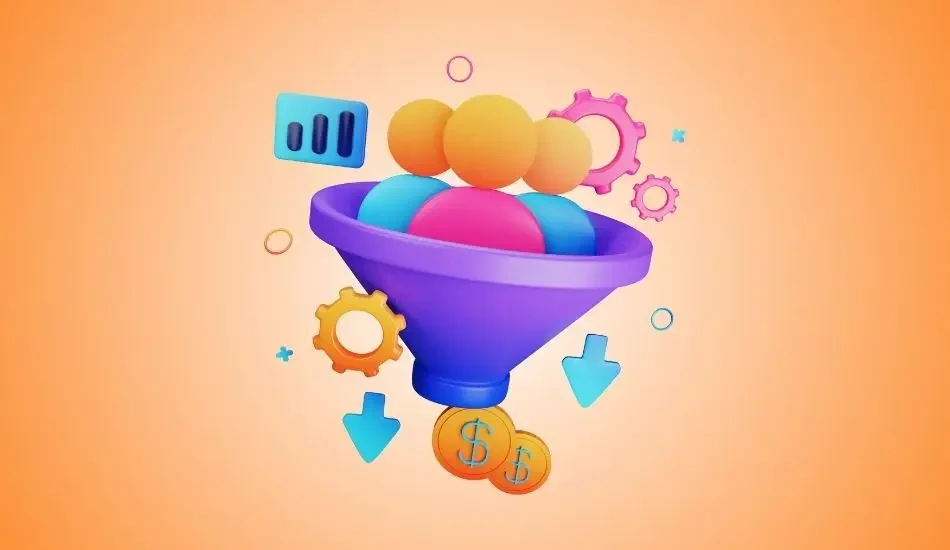 Illustration of customers dropping through a marketing funnel into coins