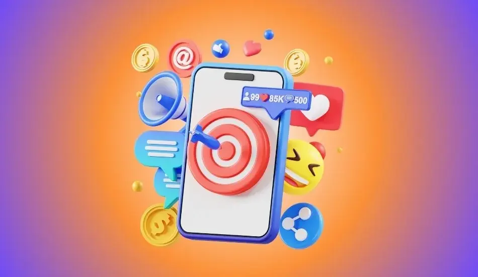 Illustration of a phone showing a dartboard surrounded by social media reactions and coins