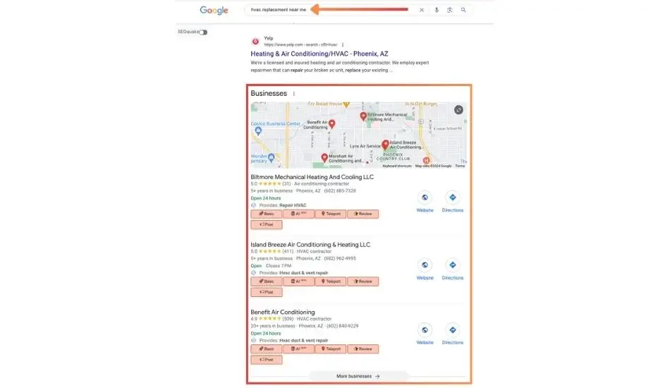 Google results for a nearby HVAC replacement search, showing the local business panel and map
