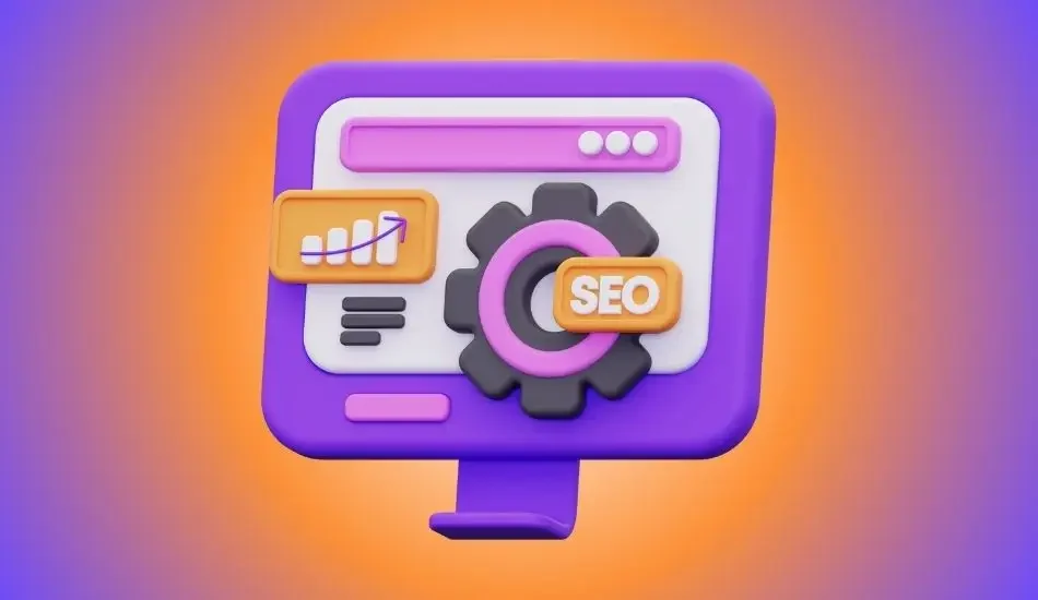 Illustration of a monitor with an SEO badge, a gear and a rising chart