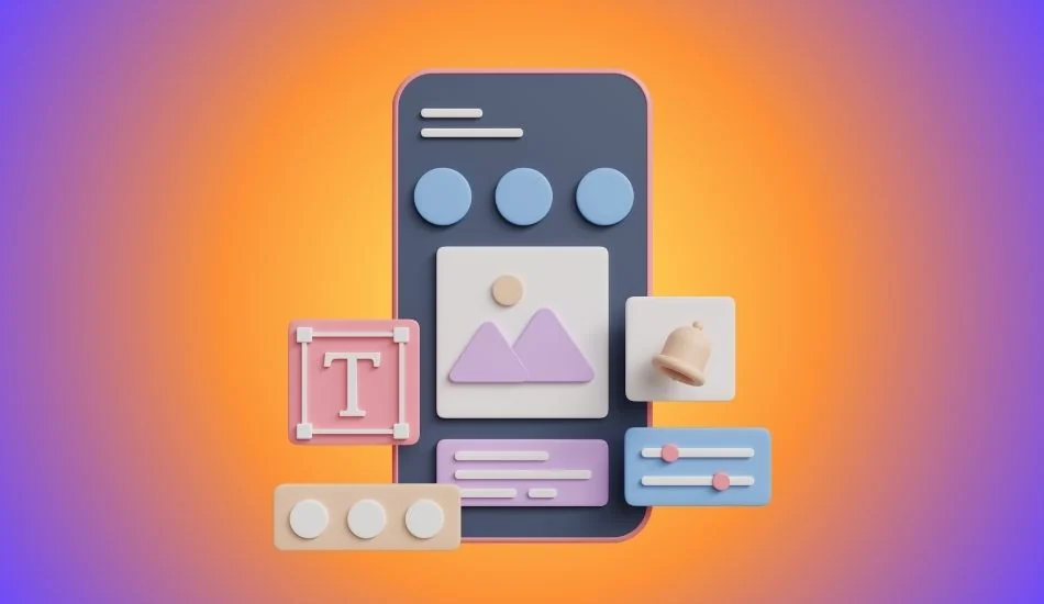 Illustration of a phone being assembled from text, image and control blocks