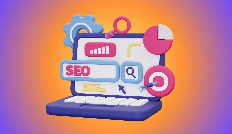 Illustration of a laptop with an SEO search bar, a target and a pie chart
