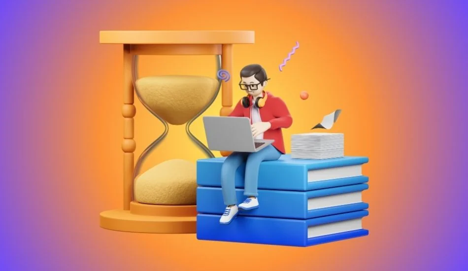 Illustration of a person working at a laptop on a stack of books beside a running hourglass