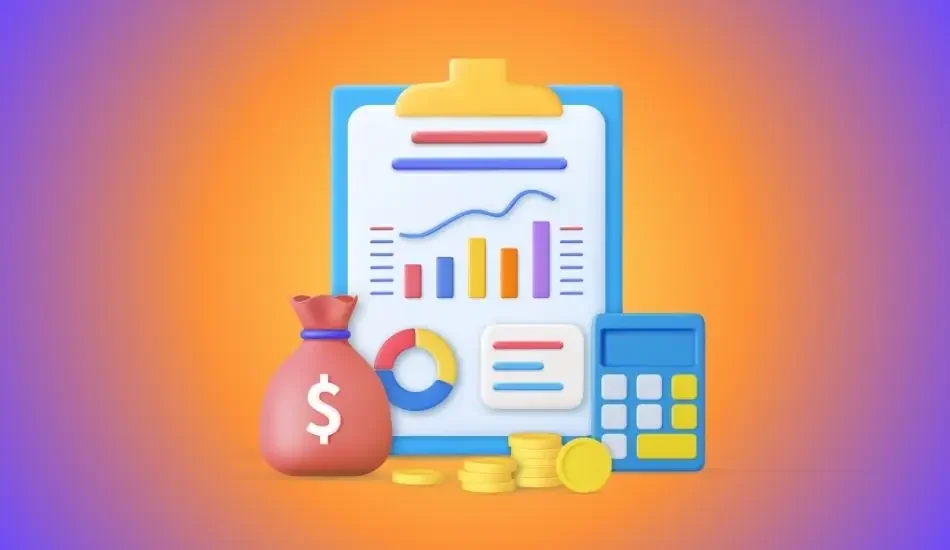 Illustration of a report on a clipboard beside a money bag, coins and a calculator
