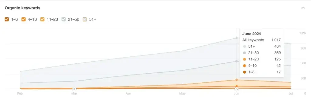 Organic keyword report for June 2024 showing 1,017 tracked keywords broken down by ranking position