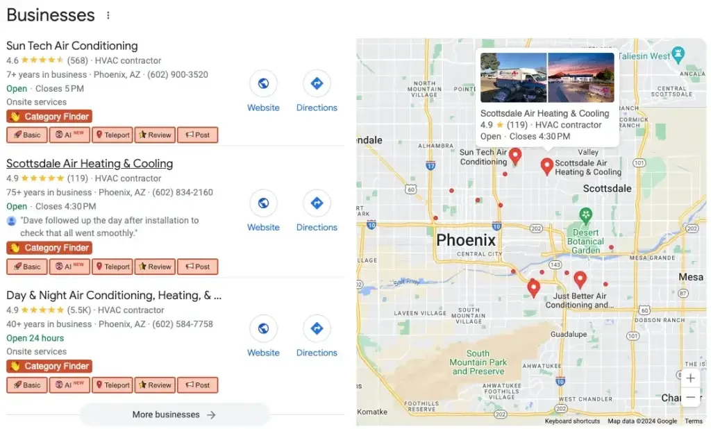 Google local business panel listing three Phoenix air conditioning companies with their ratings beside a map