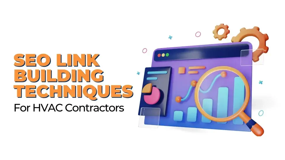 Cover: SEO Link Building Techniques for HVAC Contractors, with a browser window, bar chart and magnifying glass