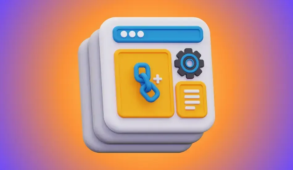 Illustration of stacked browser windows with a link icon and a gear
