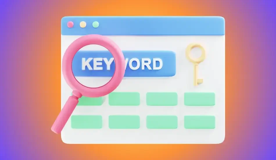 Illustration of a browser window with the word KEYWORD under a magnifying glass