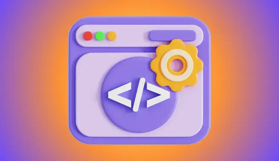 Illustration of a browser window showing code brackets and a gear