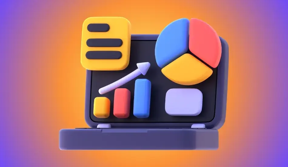 Illustration of a laptop displaying pie and bar charts