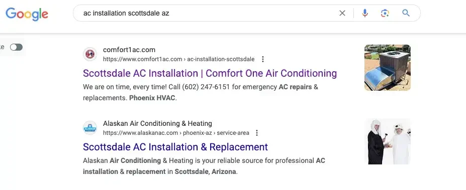 Google results for an air conditioning installation search in Scottsdale, Arizona