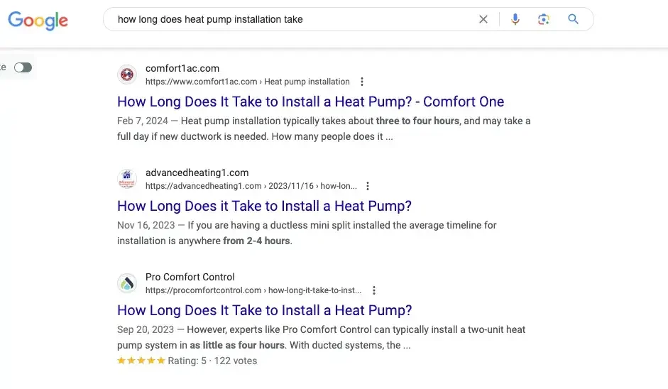 Google results for a question about how long heat pump installation takes