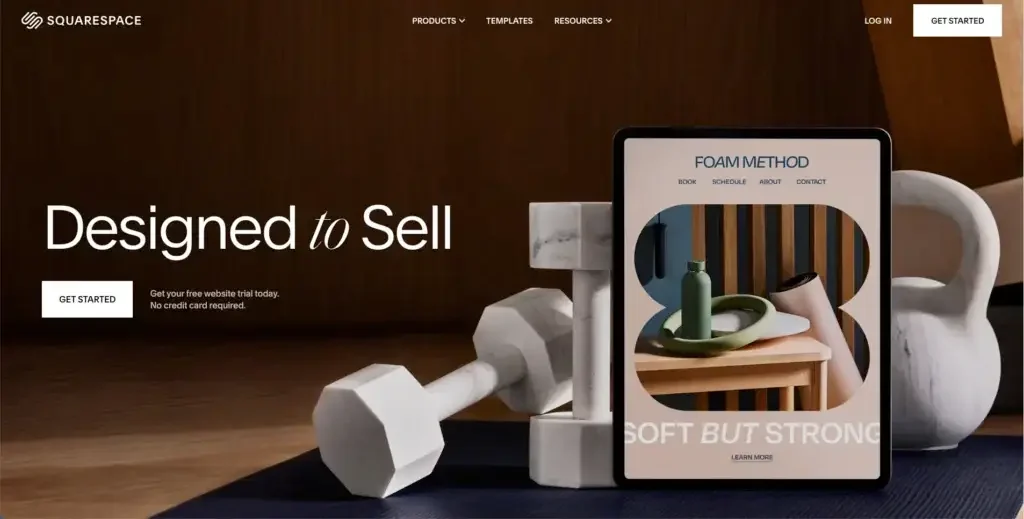 The Squarespace home page, headlined Designed to Sell