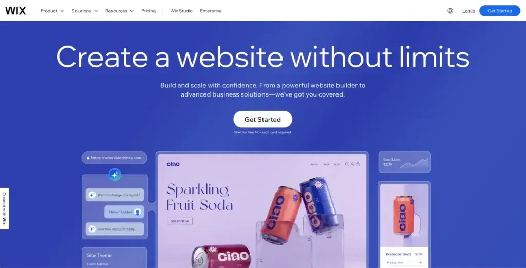 The Wix home page, headlined Create a website without limits