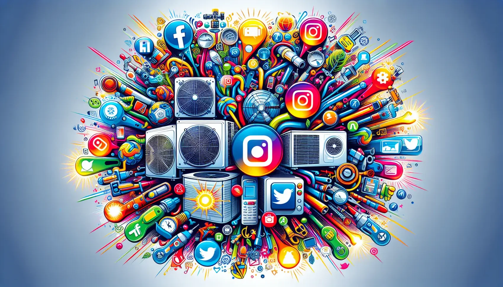 An illustration depicting various social media platforms and HVAC businesses.