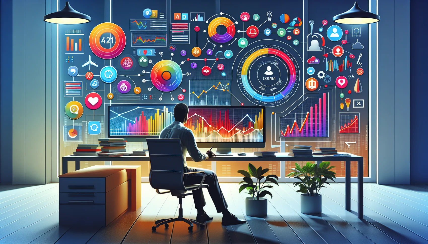 An illustration depicting the process of analyzing social media performance for HVAC marketing.