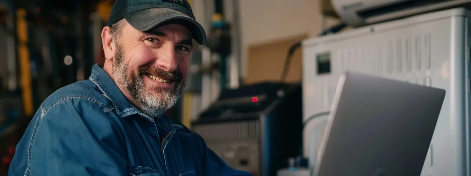 a smiling hvac technician responding to a positive online review on a laptop.