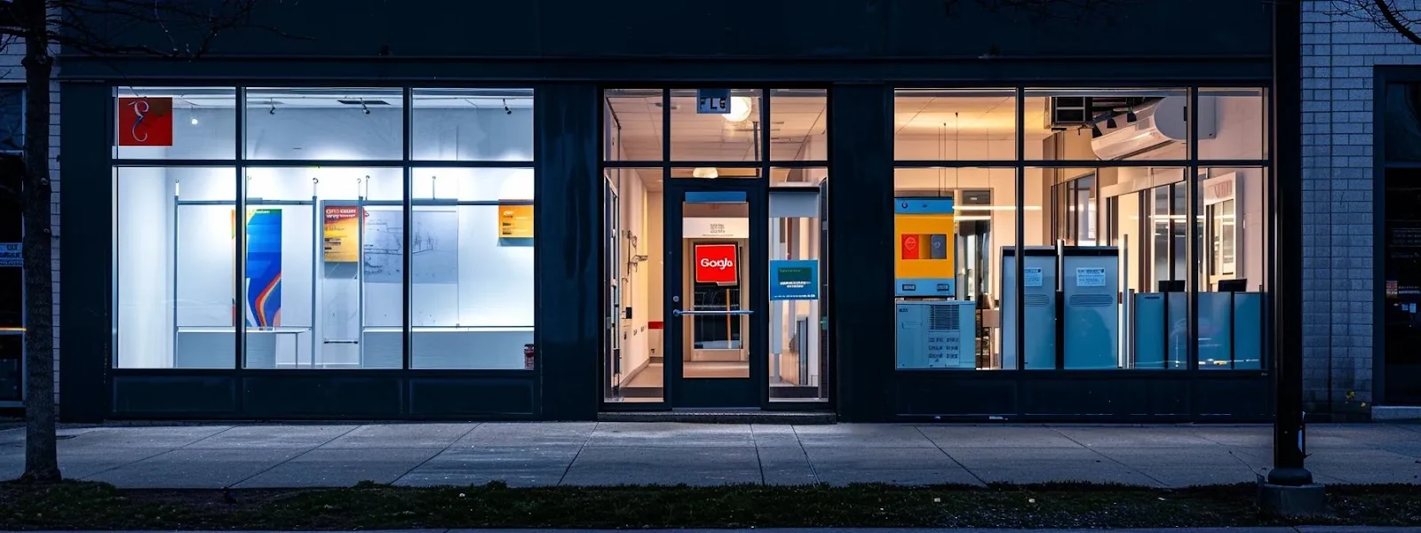 a bright, modern hvac company storefront with a prominent google my business sticker displayed in the window.
