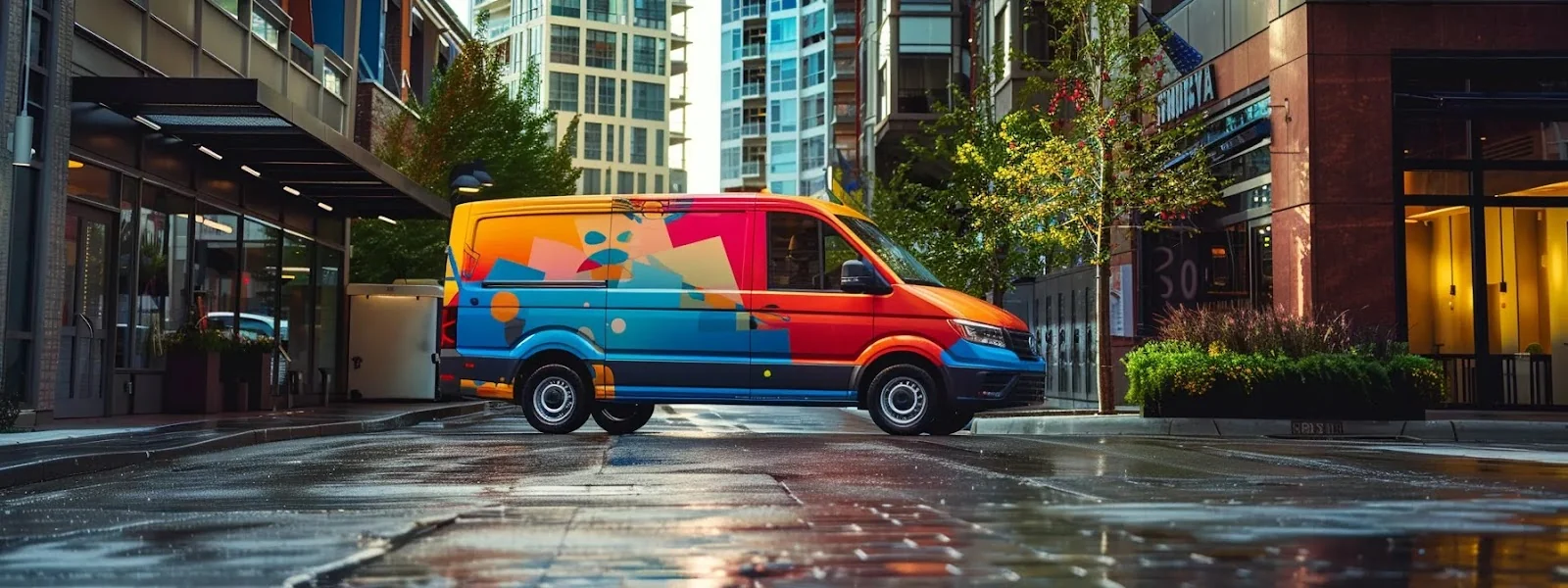 a vibrant hvac van with bold, eye-catching branding parked in front of a local community building, symbolizing the importance of local seo for hvac companies.