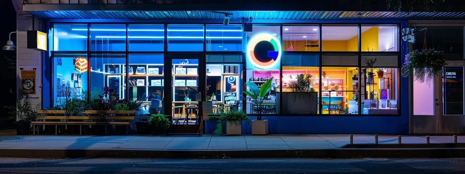 a vibrant storefront with a glowing google my business logo prominently displayed, highlighting a well-optimized profile for maximum exposure.