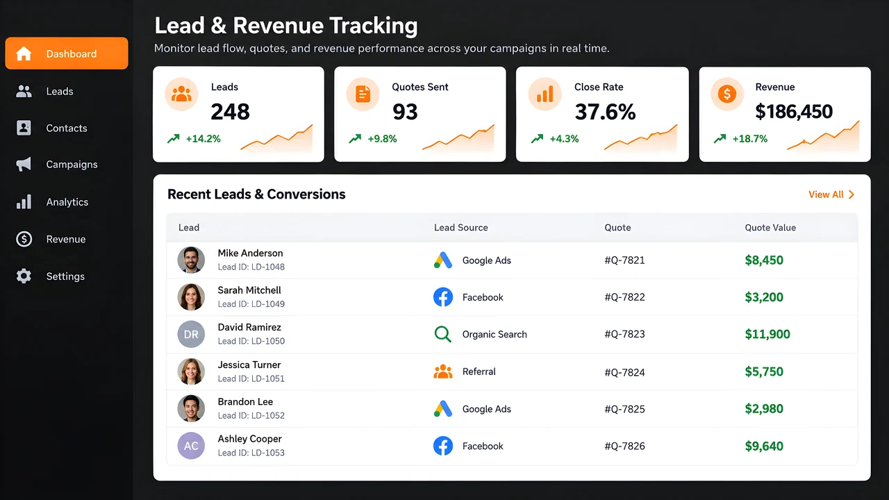 A lead and revenue dashboard: 248 leads, 93 quotes sent, a 37.6% close rate and $186,450 in revenue, each rising on the month, above a table of recent leads showing every one's source, quote number and value