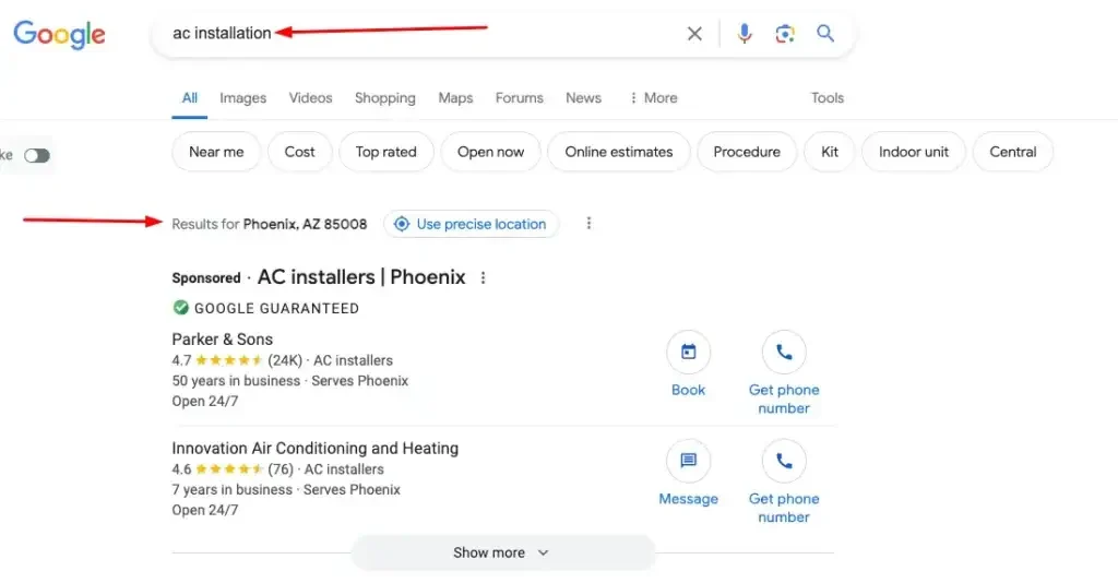 Google results for an air conditioning installation search in Phoenix, with Google Guaranteed sponsored listings at the top