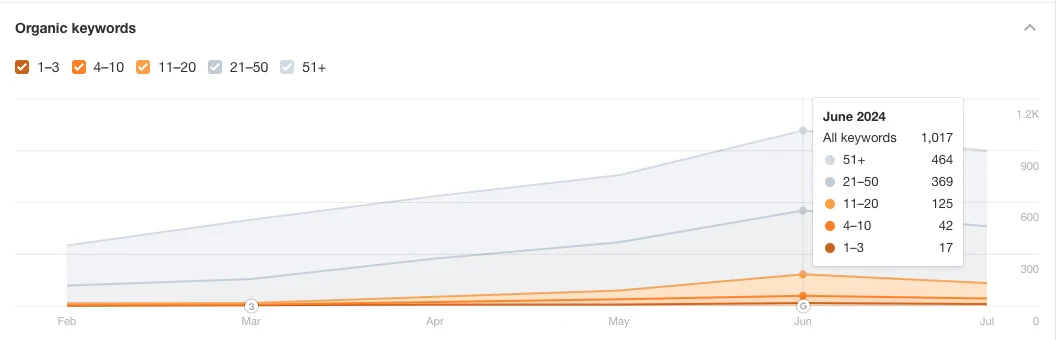 Organic keyword report for June 2024 showing 1,017 tracked keywords broken down by ranking position