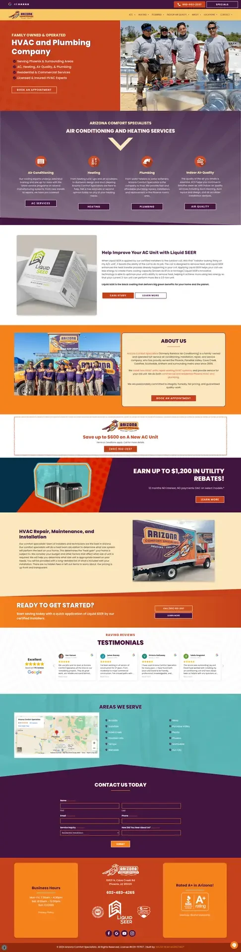Full page view of an HVAC and plumbing company website, from the hero through services, rebates and testimonials to the contact form