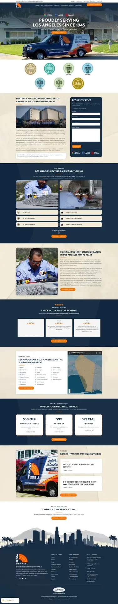 Full page view of a Los Angeles air conditioning company website, from the hero through services and offers to the footer