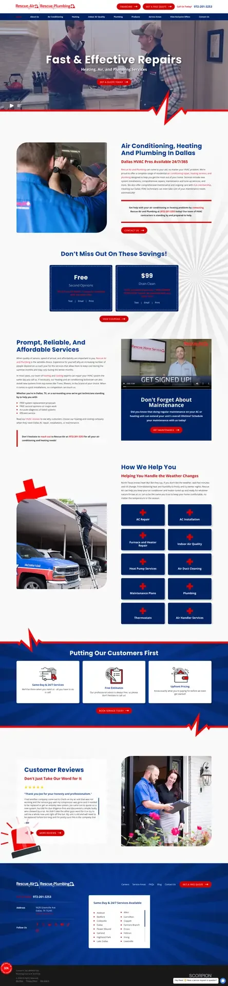 Full page view of an HVAC contractor website, from the hero through services, offers and reviews to the contact form