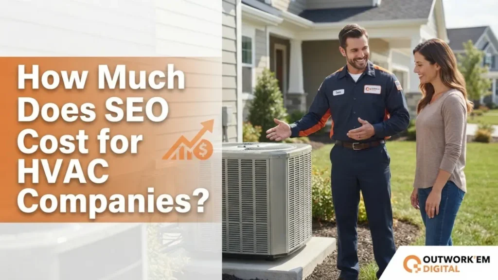 Cover: How Much Does SEO Cost for HVAC Companies? with a technician talking to a homeowner beside an outdoor air conditioning unit